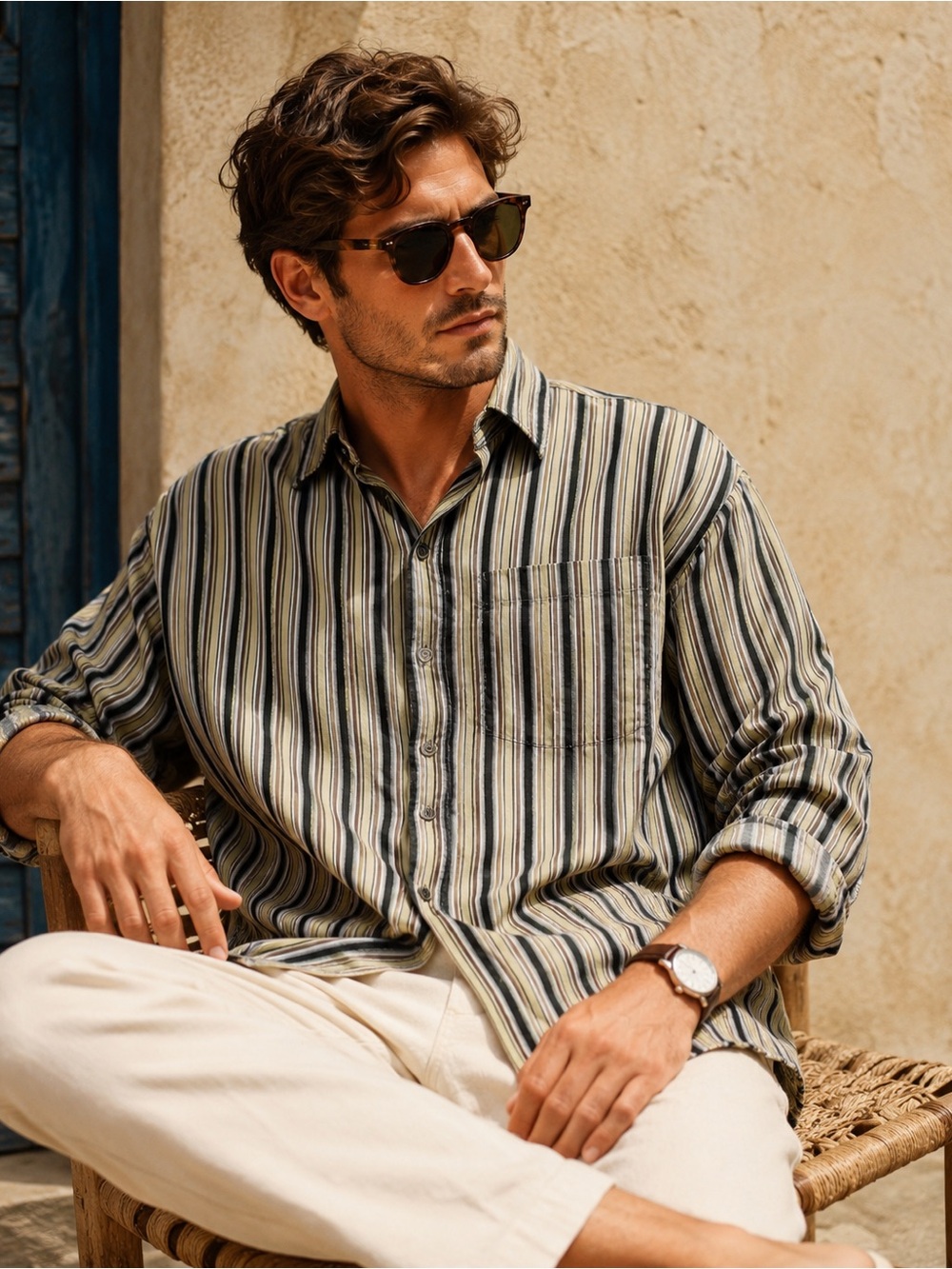 Tommy Bahama 100% Silk Earth Tone Striped Long Sleeve Button Up Shirt Men’s L